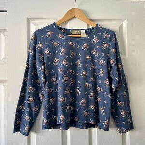 Vintage Liz Claiborne Women's Blue and Navy Floral Long Sleeve Shirt Medium